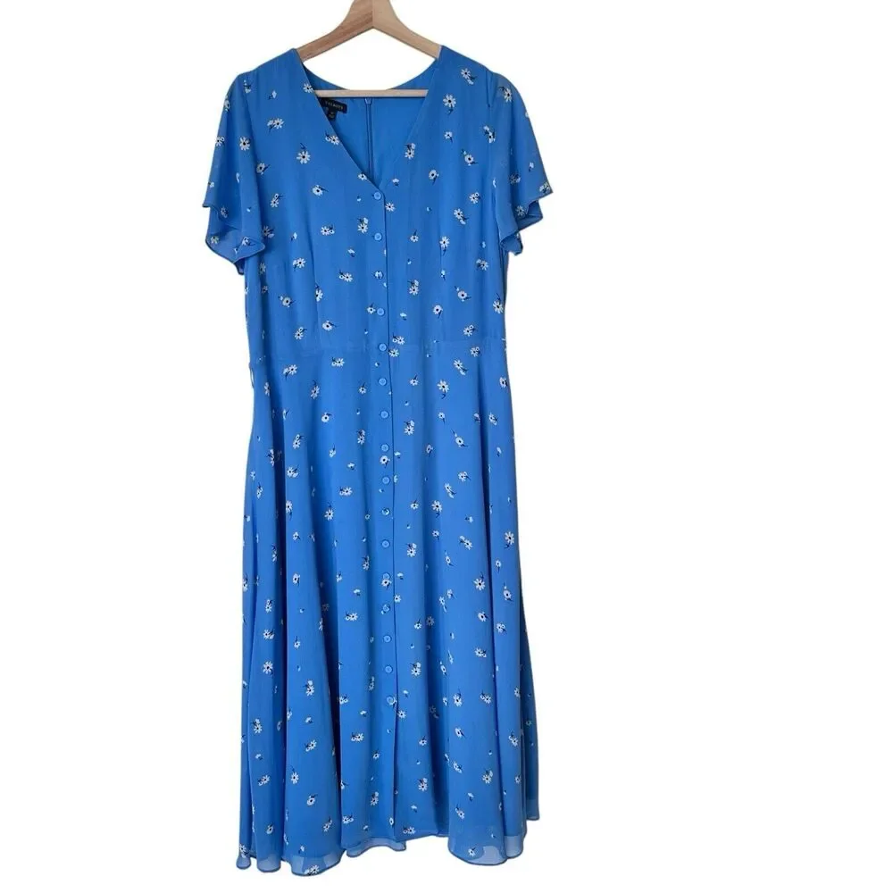 Talbots 12 Floral Blue Flowy Button Down Shirt Chiffon Maxi Dress - Picture 2 of 10